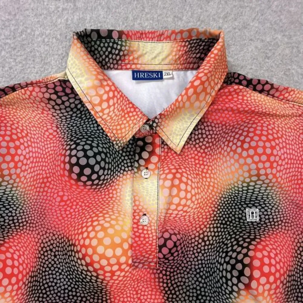 Hreski Performance Golf Polo‎ Shirt Mens 2XL Black Orange Pink Abstract Circles